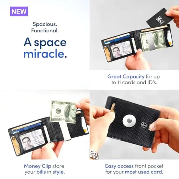 Faux Leather Bifold Wallet with Money Clip RFID Blocking AirTag Compatible